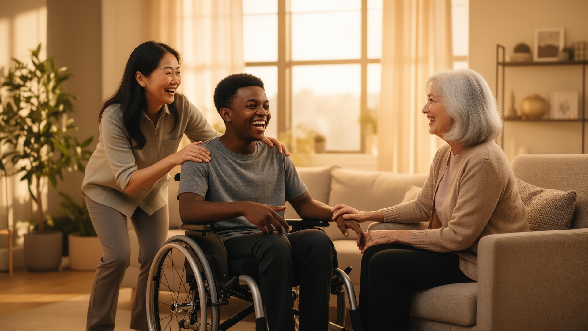 People of different ages supporting each other in a warm living room